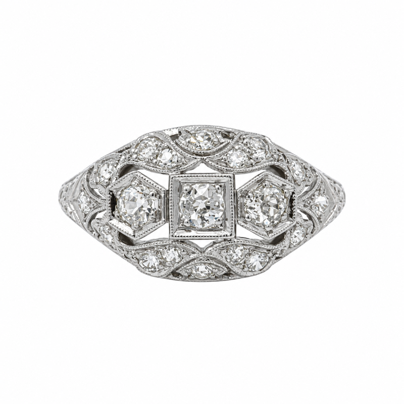 Old Mine Cut Diamond Vintage Filigree Dome Ring Platinum .60CTW