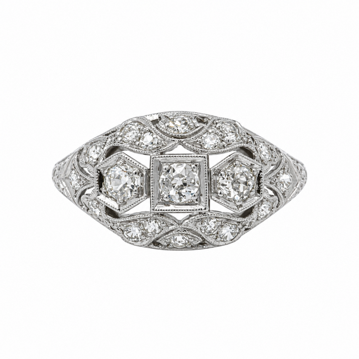 Old Mine Cut Diamond Vintage Filigree Dome Ring Platinum .60CTW