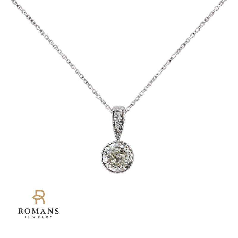 Old Mine Cut Diamond Pendant 0.74CT Bezel Set 14K White Gold