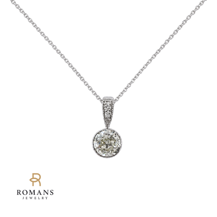 Old Mine Cut Diamond Pendant 0.74CT Bezel Set 14K White Gold