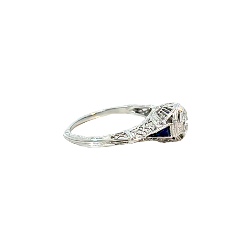 Vintage Diamond Sapphire Filigree 1930's Ring 18K White Gold