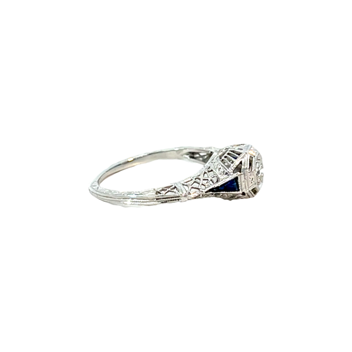 Vintage Diamond Sapphire Filigree 1930's Ring 18K White Gold