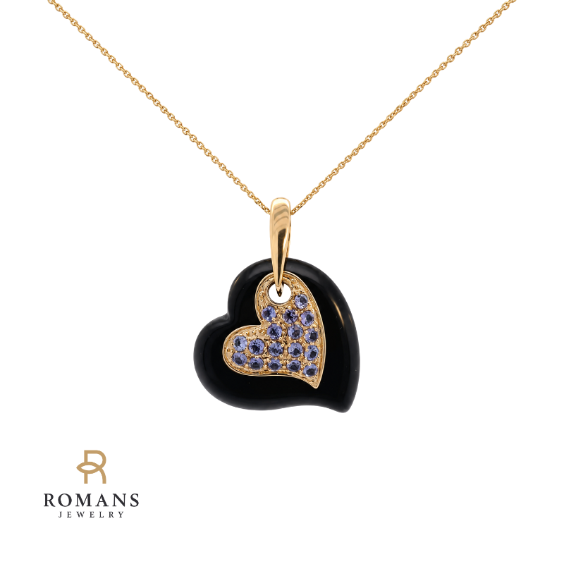 Onyx Heart Pendant Cornflower Blue Sapphires 14K Yellow Gold