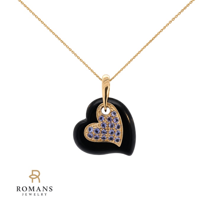 Onyx Heart Pendant Cornflower Blue Sapphires 14K Yellow Gold