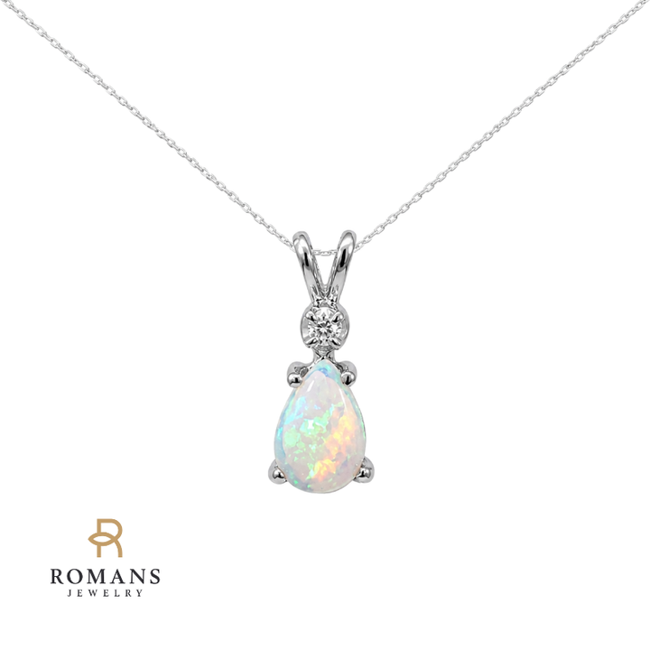Opal &amp; Diamond Pendant .45CT 14K White Gold