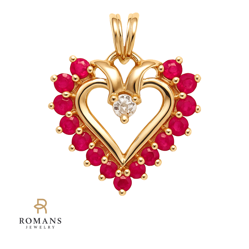 Open Heart Ruby & Diamond Pendant 10K Yellow Gold .38CTW