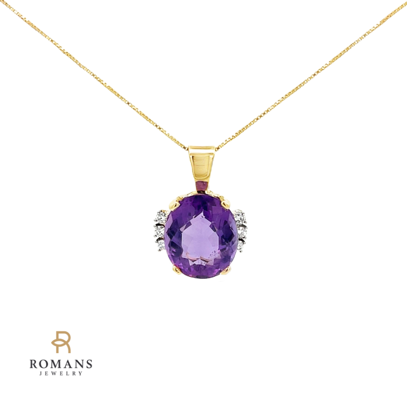 Oval Amethyst Diamond Pendant 14K Yellow Gold 12.17CT