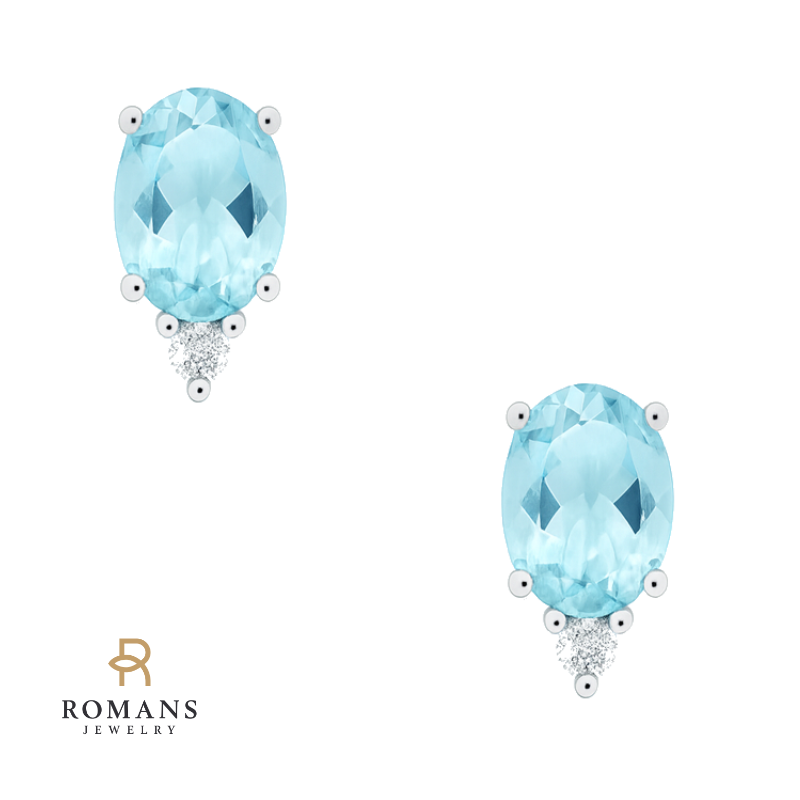 Oval Aquamarine Diamond Accent Studs 14K White Gold 1.31CTW