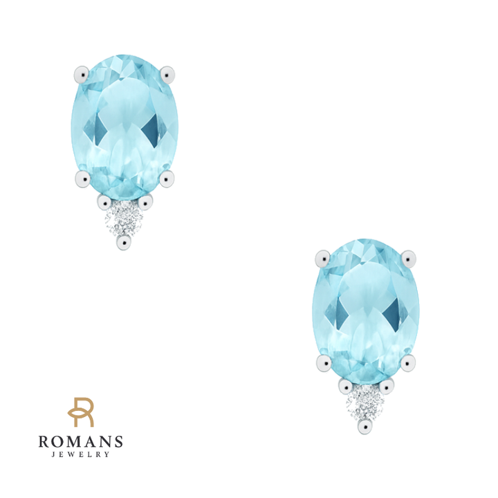 Oval Aquamarine Diamond Accent Studs 14K White Gold 1.31CTW