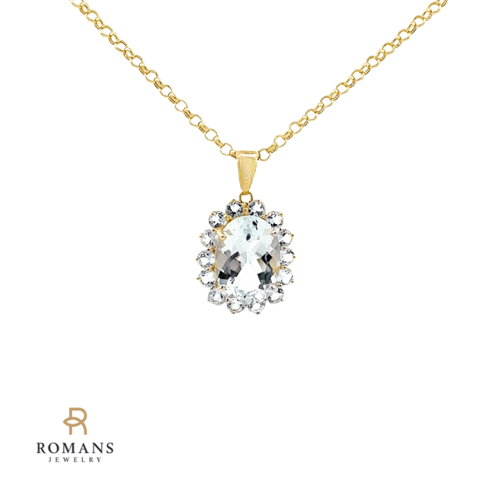 Oval Aquamarine Pendant Halo 14K Yellow Gold