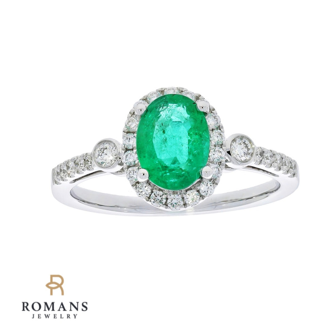 Oval Emerald Diamond Halo Ring 14K White Gold 1.16CT