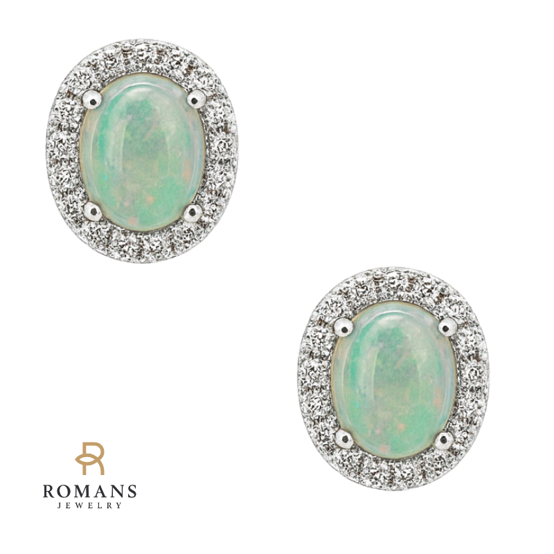Oval Opal & Diamond Halo Studs 14K White Gold