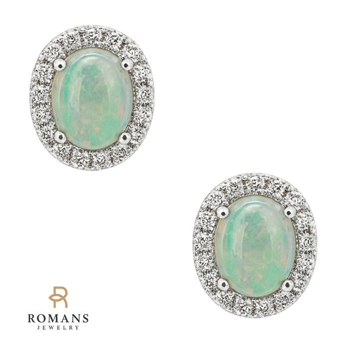 Oval Opal & Diamond Halo Studs 14K White Gold