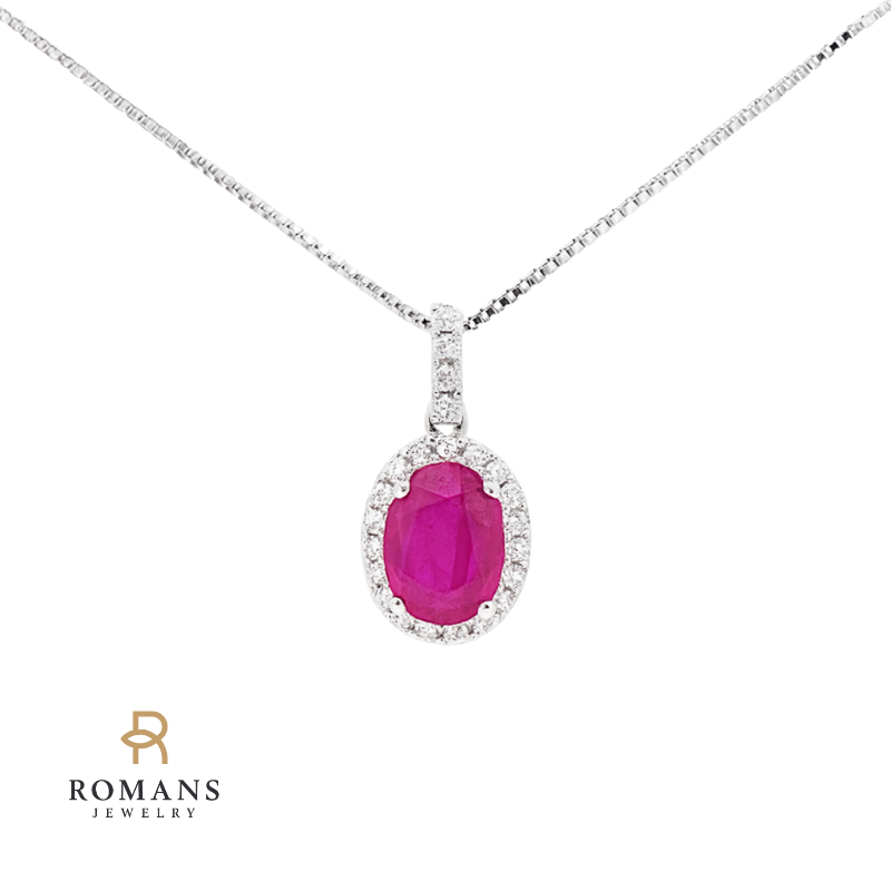 Oval Ruby Halo Pendant with Diamonds 14K White Gold .99CT