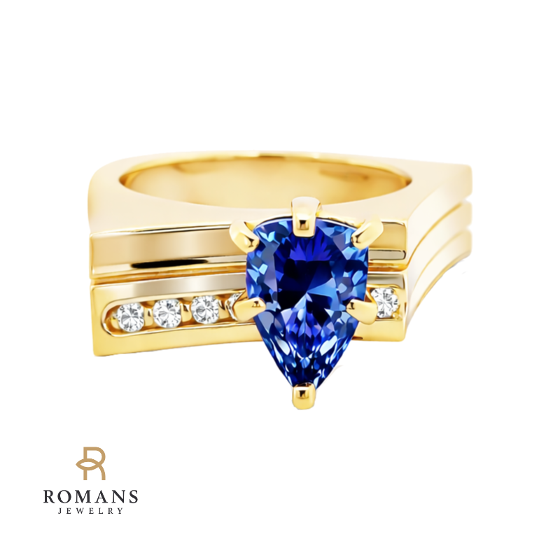 Pear-Shaped Tanzanite Diamond Ring 14K Yellow Gold 1.80CT