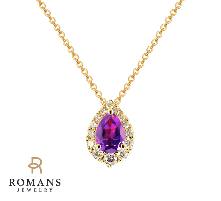 Pear Amethyst Diamond Pendant 14K Yellow Gold