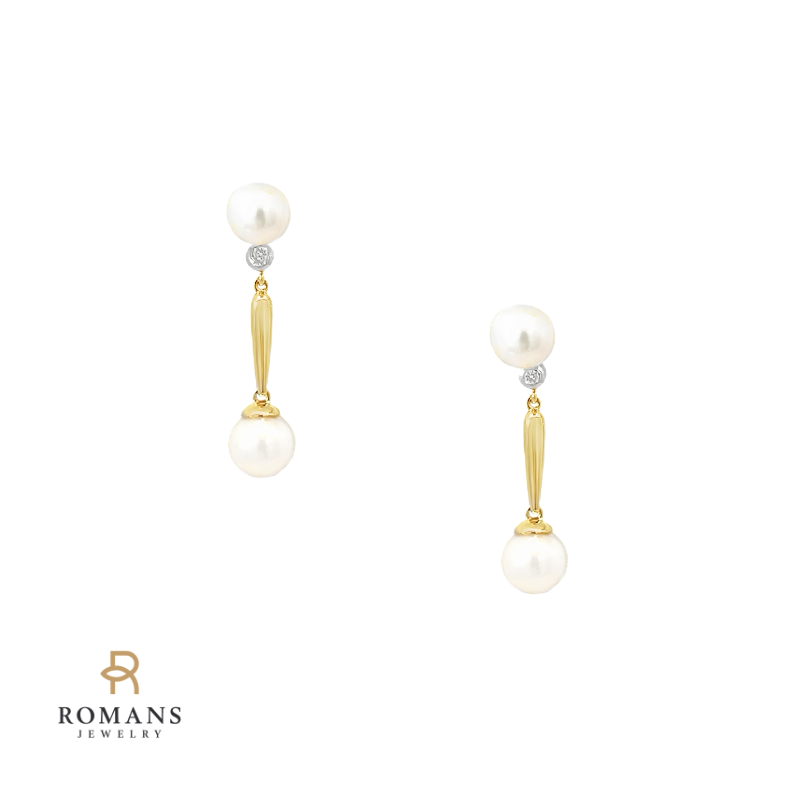 Pearl Diamond Dangle Earrings 14K Two Tone