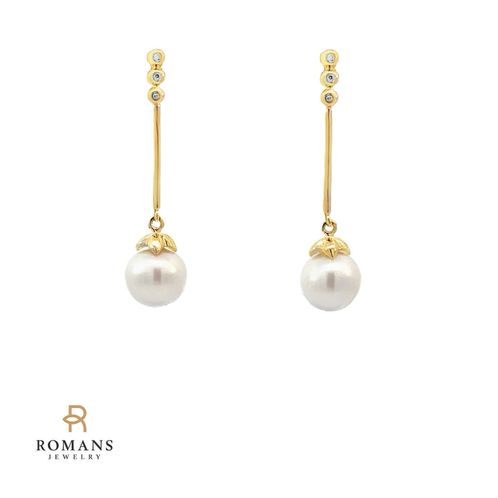 Pearl & Diamond Dangle Earrings 14K Yellow Gold