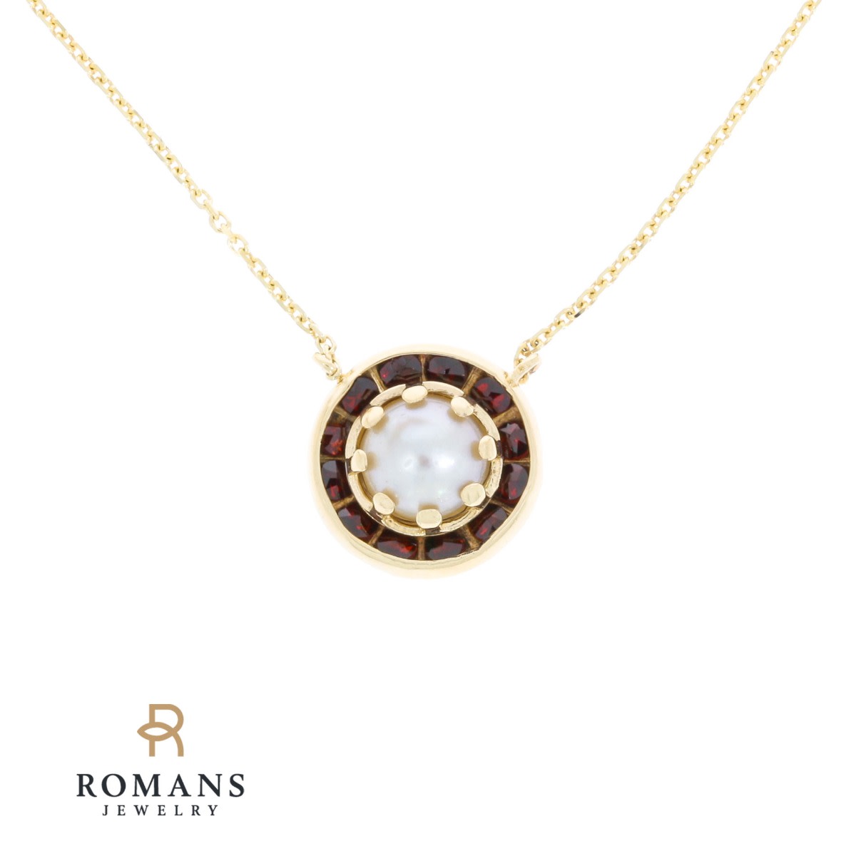Pearl Garnet Halo Floating Necklace 14K Yellow Gold – Romans Jewelry