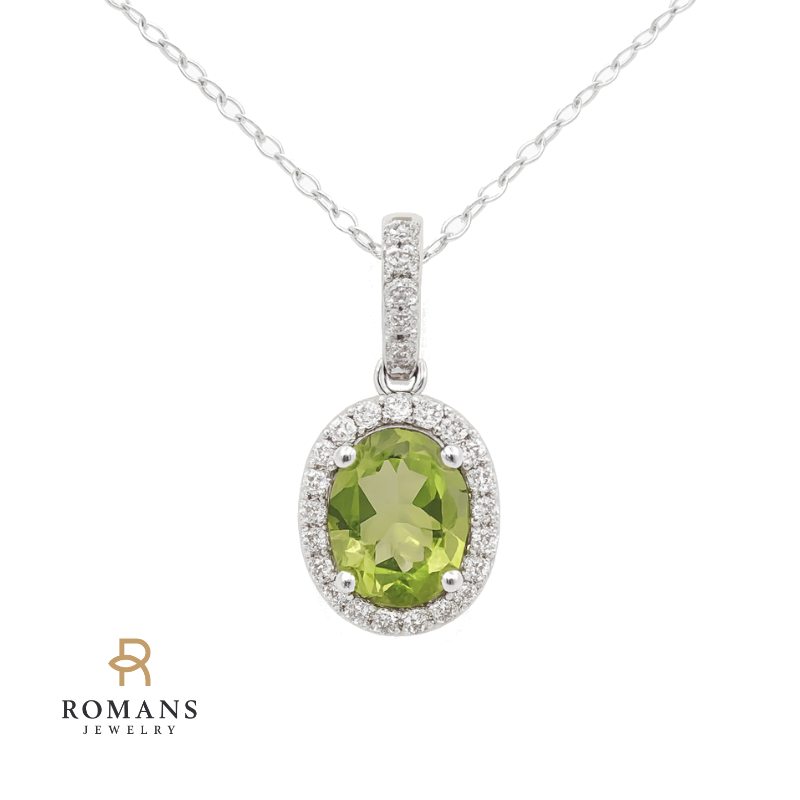 Peridot Diamond Halo Pendant 14K White Gold 1.04CT