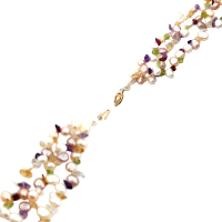 Pearl, Amethyst, Citrine, Peridot, White Topaz, Triple Strand Necklace 14K Yellow Gold