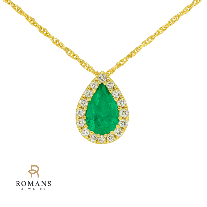 Petite Emerald & Diamond Halo Gemstone Pendant 14K Yellow Gold .58CT