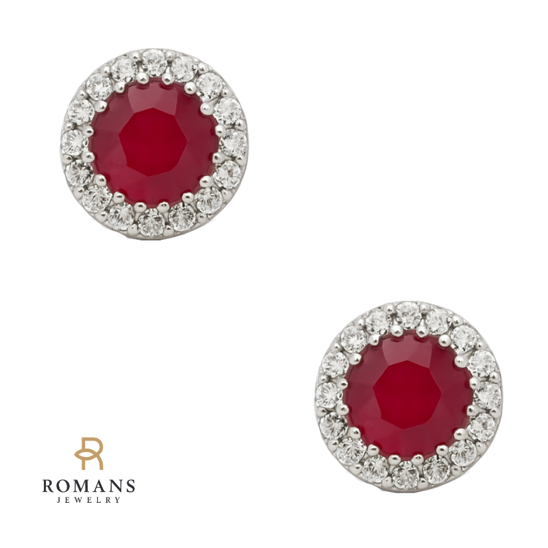 Petite Ruby Diamond Halo Studs 14K White Gold .63CTW