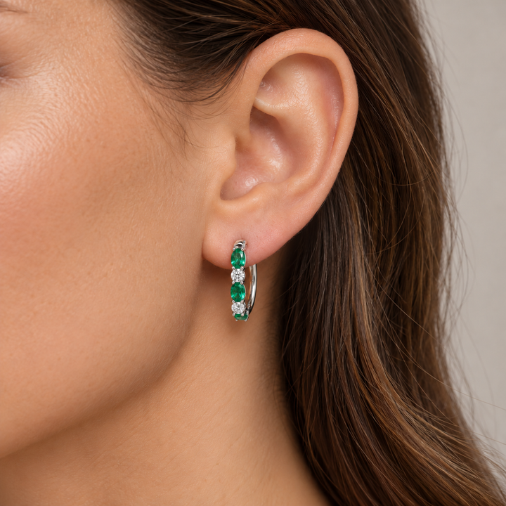 Natural Oval Emerald &amp; Diamond Hoop Earrings 14K White Gold 1.30CTW