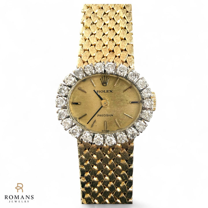 Rolex Ladies Precision 18K Gold Bracelet Watch Diamond Bezel 1970