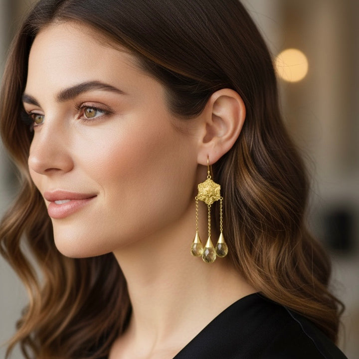 Lemon Quartz Dangling Earrings 22K Yellow Gold 42CTW