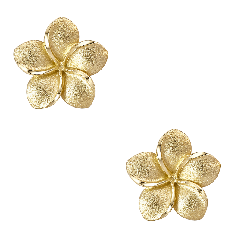 Elegant 14K yellow gold Plumeria stud earrings featuring a timeless floral design. A tropical-inspired style that brings warmth, beauty, and effortless everyday elegance.
