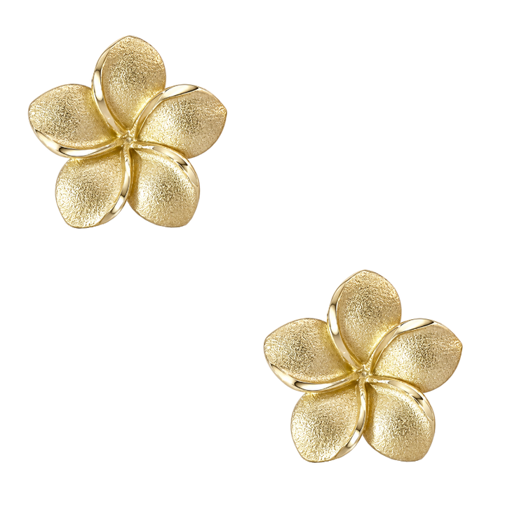 Elegant 14K yellow gold Plumeria stud earrings featuring a timeless floral design. A tropical-inspired style that brings warmth, beauty, and effortless everyday elegance.