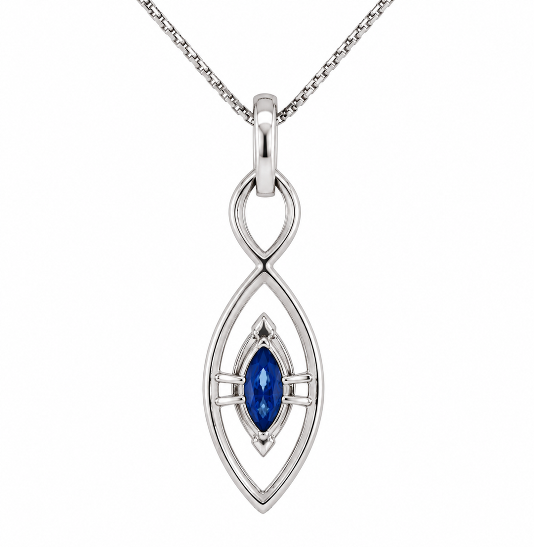 Sapphire Marquise Diamond Halo Pendant 10K White Gold .74CT