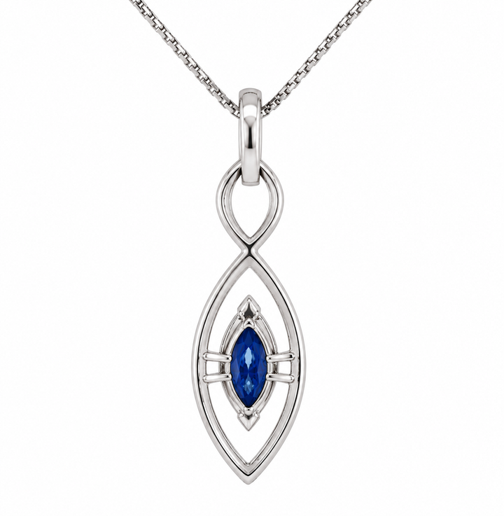 Sapphire Marquise Diamond Halo Pendant 10K White Gold .74CT