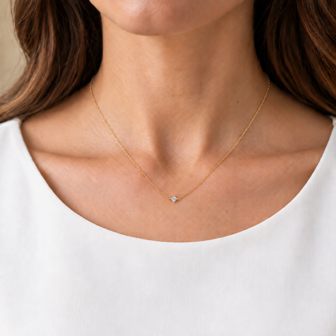 Princess Cut Diamond Floating Necklace 14K Yellow Gold .22CT