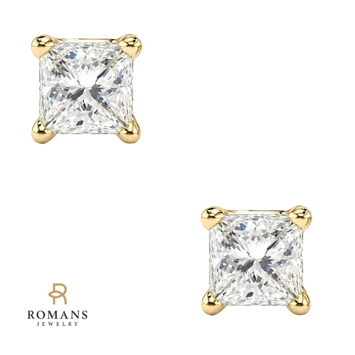 Princess Cut Diamond Stud Earrings 1.40CTW 14K Yellow Gold