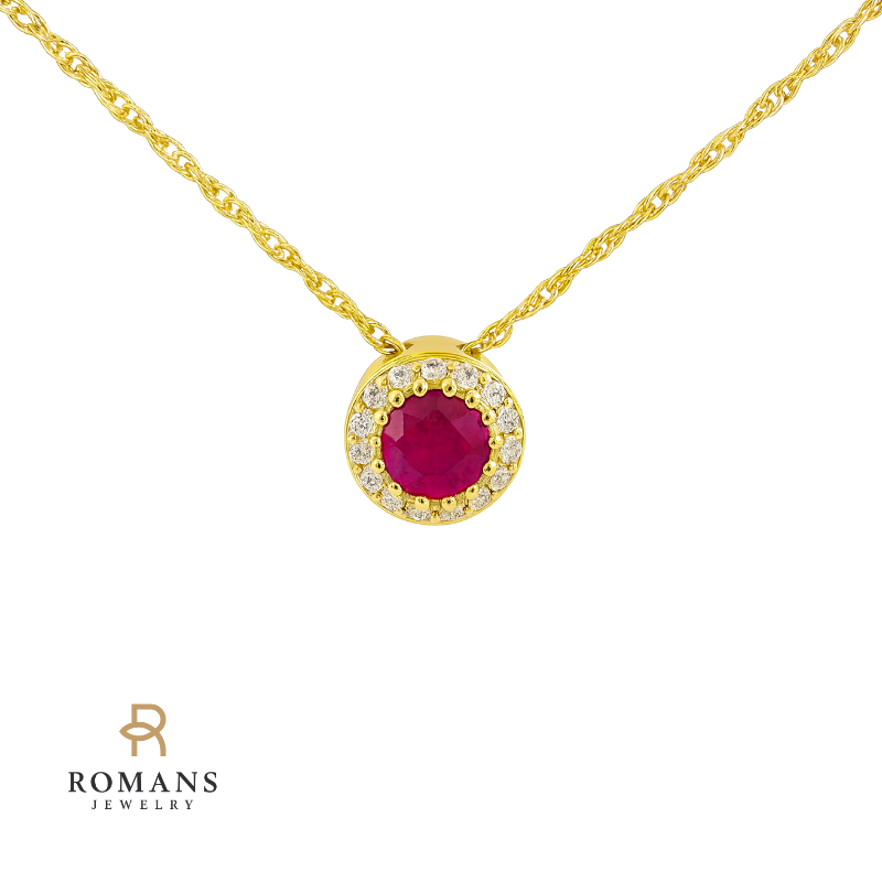 Radiant Ruby Diamond Halo Pendant 14K Yellow Gold .32CT