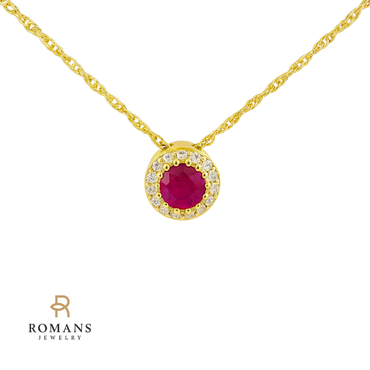 Radiant Ruby Diamond Halo Pendant 14K Yellow Gold .32CT