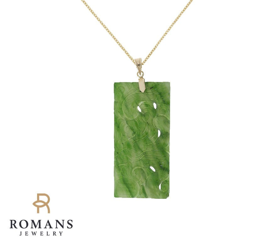 Rectangular Dragon Carved Jade Pendant 14K Yellow Gold