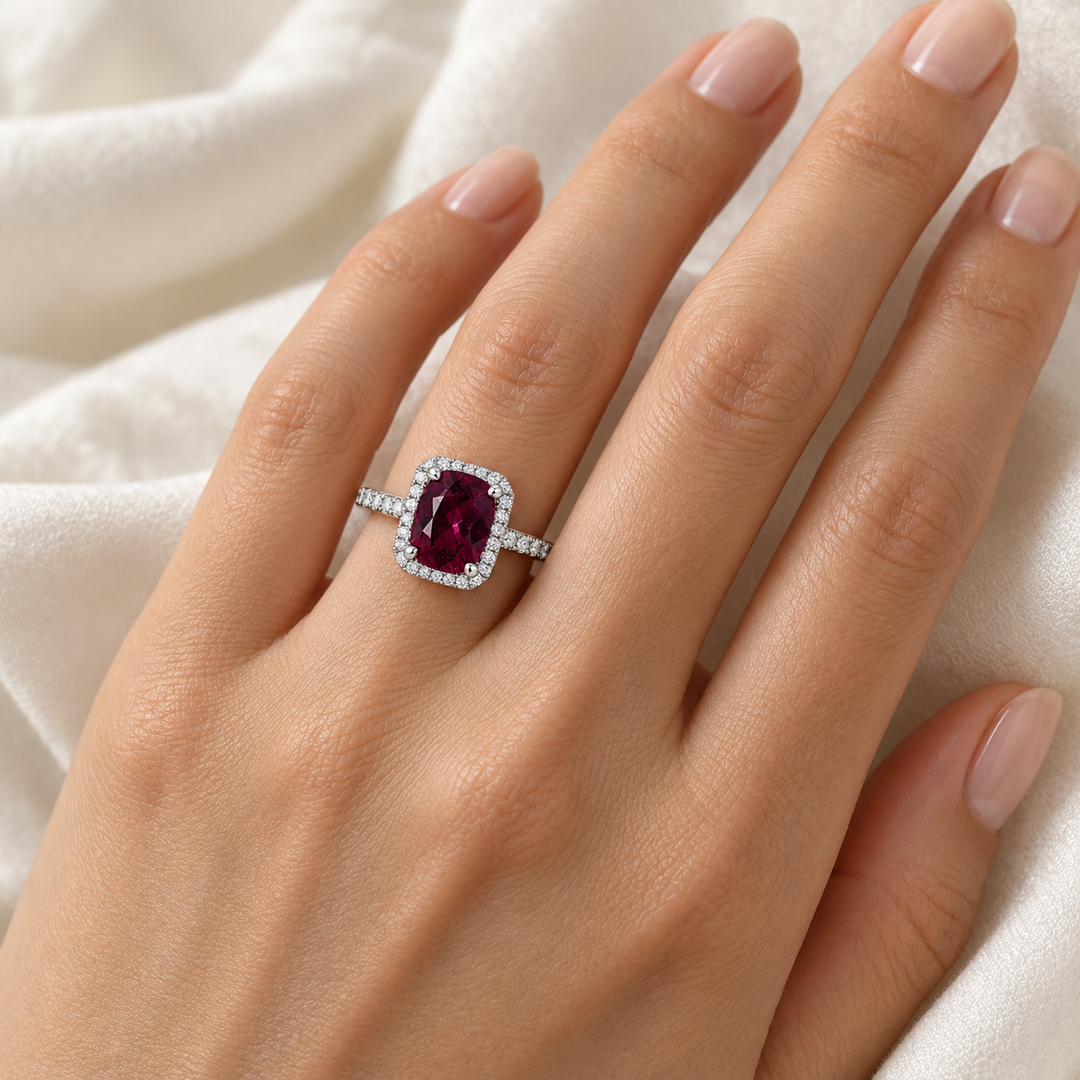 Rhodolite Garnet Diamond Halo Ring 2.54CT 14K White Gold