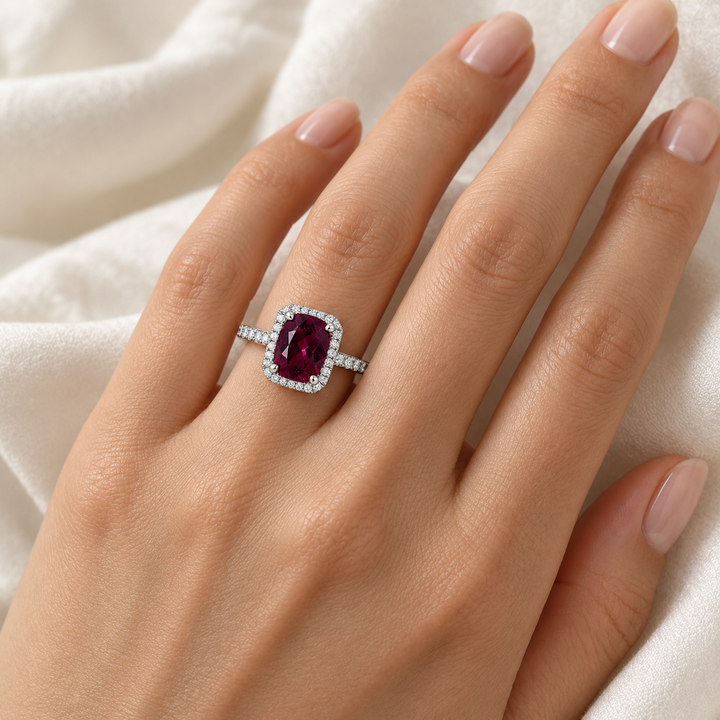 Rhodolite Garnet Diamond Halo Ring 2.54CT 14K White Gold