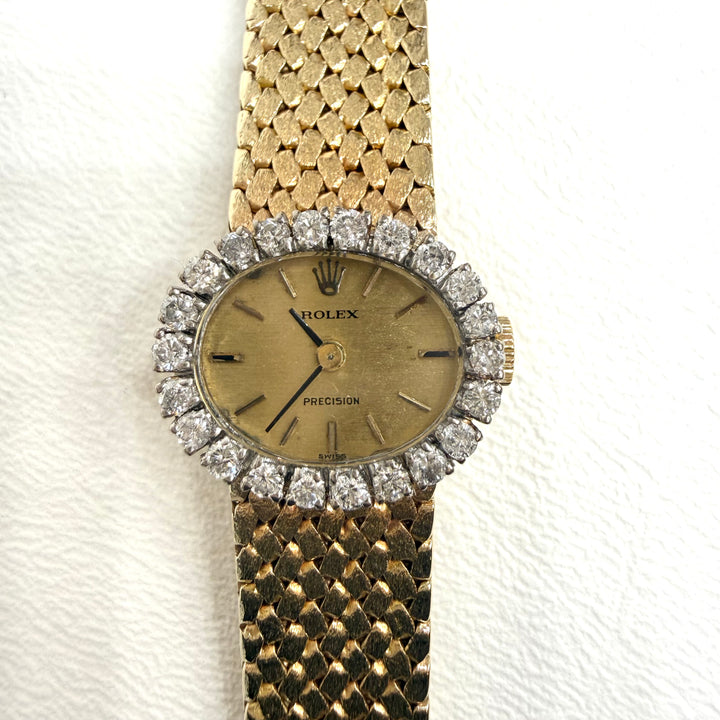 Rolex Ladies Precision 18K Gold Bracelet Watch Diamond Bezel 1970