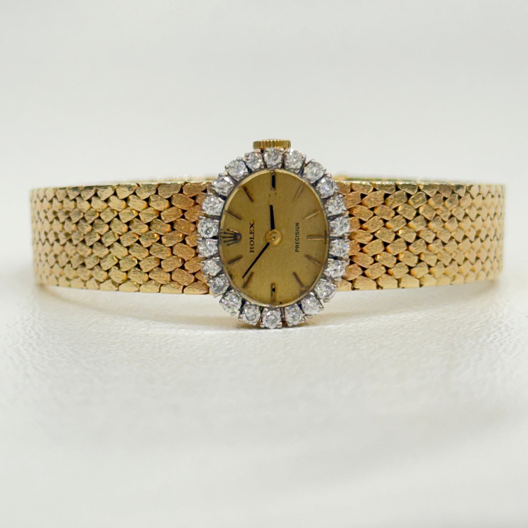 Rolex Ladies Precision 18K Gold Bracelet Watch Diamond Bezel 1970