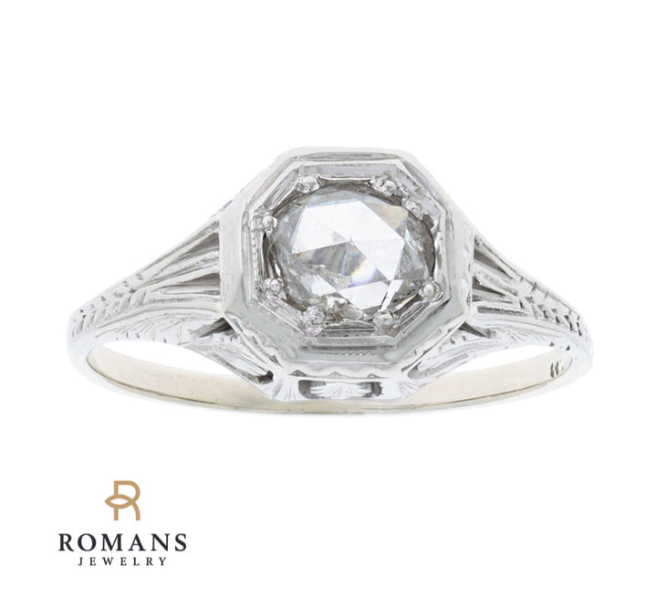 Rose Cut Sapphire Filigree Ring 18K White Gold .43 CT