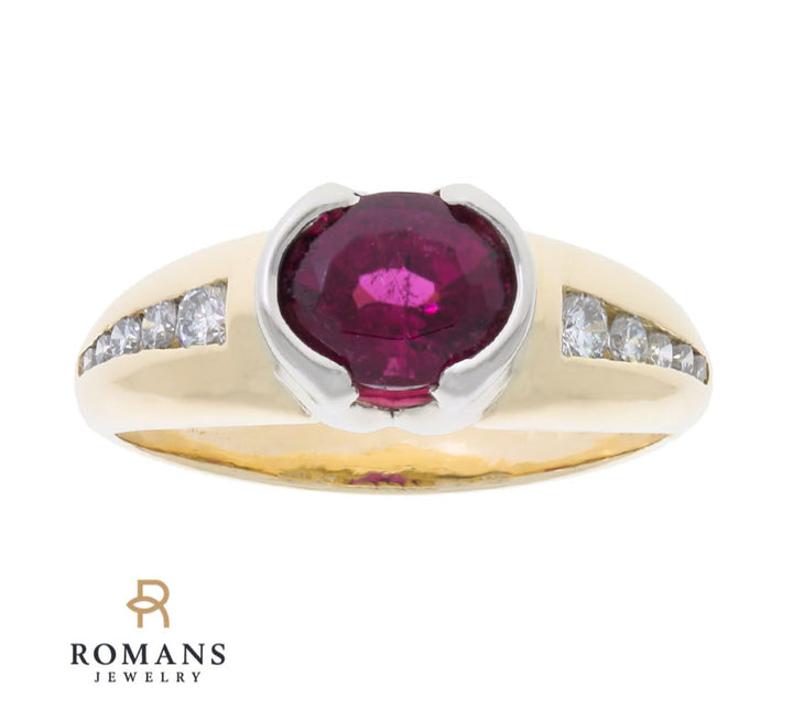 Rubellite Tourmaline Diamond Semi Bezel Ring 18K Two Tone 1.19 CT