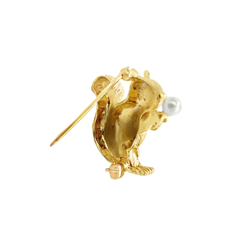 Squirrel Ruby Pearl Brooch 14K Yellow Gold