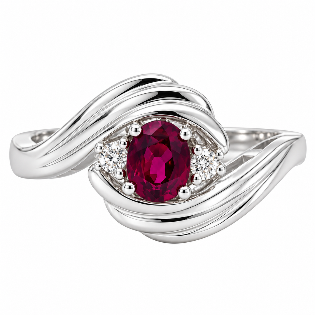 Elegant 14K white gold swirl ring featuring natural ruby and 0.44CTW diamonds. A graceful design with vibrant color and timeless brilliance.