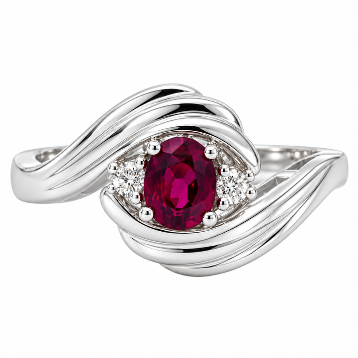 Elegant 14K white gold swirl ring featuring natural ruby and 0.44CTW diamonds. A graceful design with vibrant color and timeless brilliance.