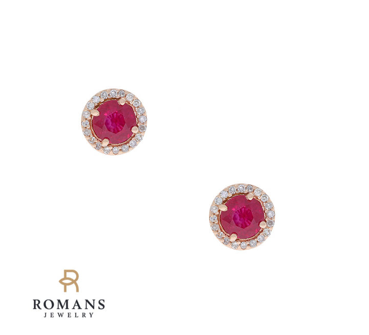 Ruby Glass Filled Diamond Halo Stud Earrings 14K Rose Gold