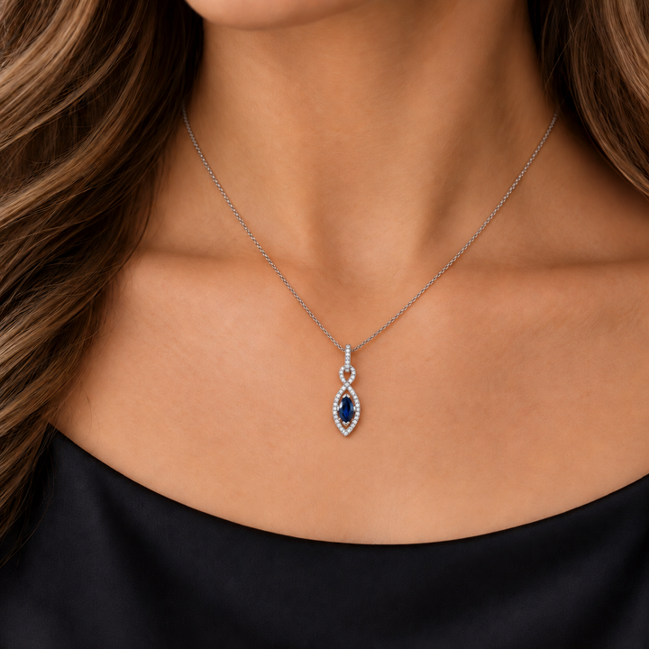 Sapphire Marquise Diamond Halo Pendant 10K White Gold .74CT